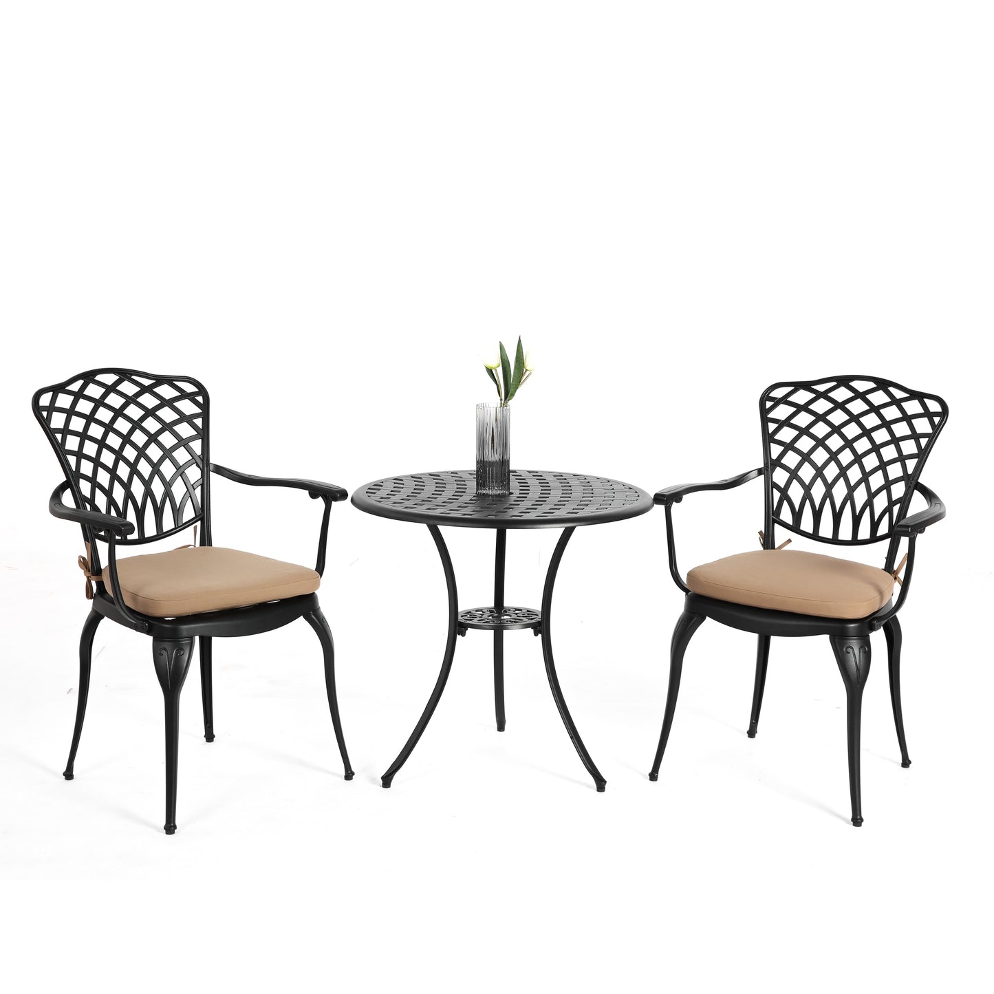 AHIOU HOME Berkeley 3 -Piece Black Bistro Patio Dining Set Aluminum Round Table with 2 Tan Cushions Stationary Chairs