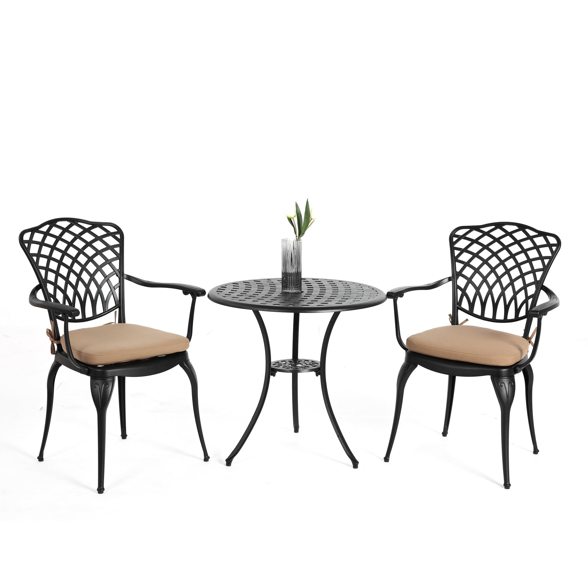 AHIOU HOME Berkeley 3 -Piece Black Bistro Patio Dining Set Aluminum Round Table with 2 Tan Cushions Stationary Chairs