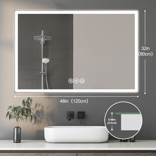 Forclover 48-in x 32-in Framed Rectangle Dimmable LED Lighted Fog Free Bathroom Vanity Mirror ( Silver )