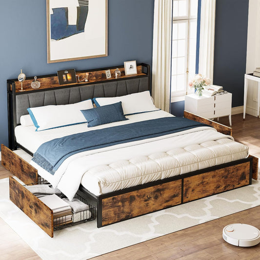 Likimio 74-in W Vintage Brown and Gray California King Bed Frame with 4 Storage Drawers and Charged Headboard