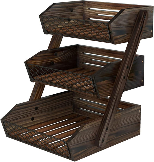 Dorhors Fruit Basket for Kitchen, 3 Tier Fruit Bowl for Kitchen Counter,Wooden Vegetable Holder for Countertop