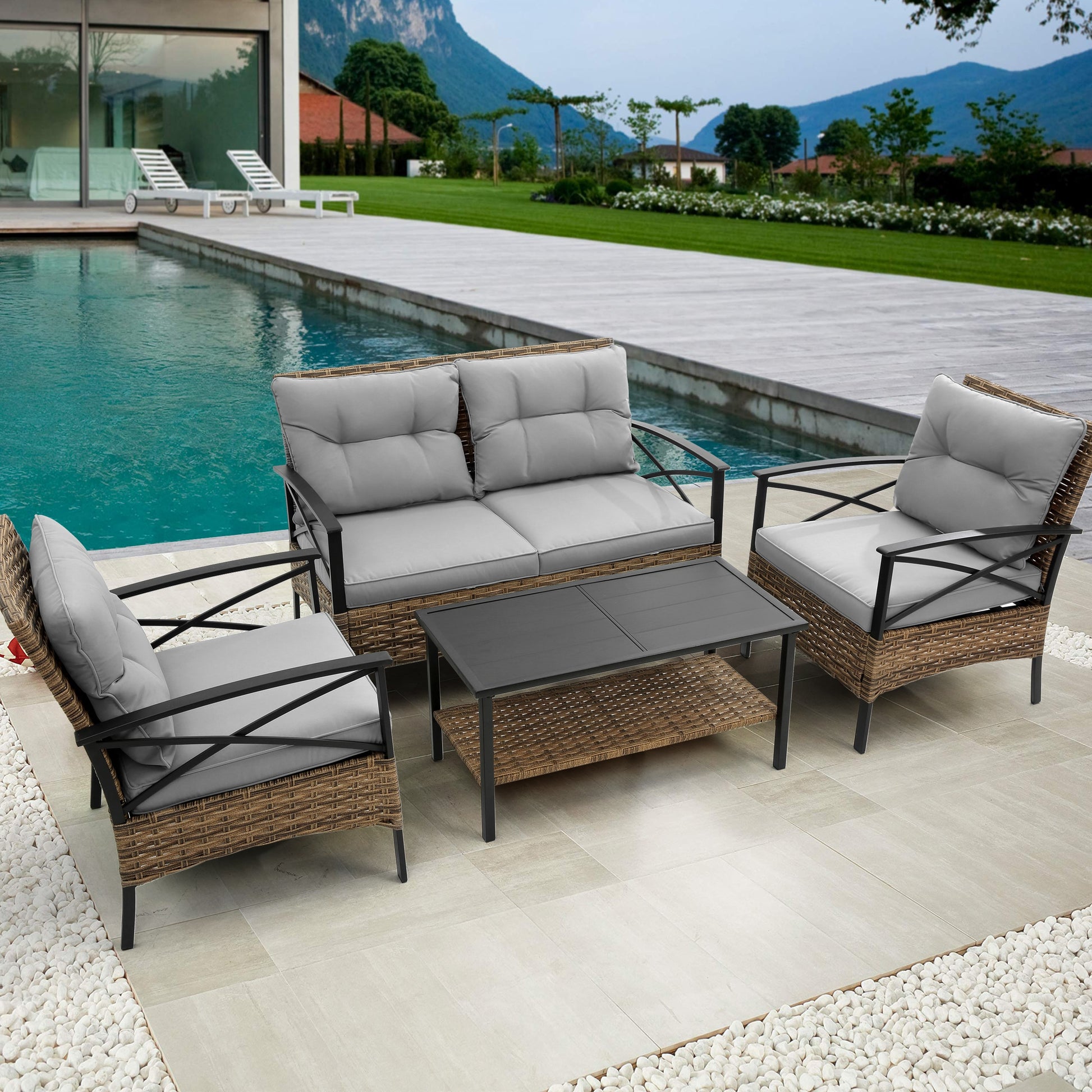 Direct Wicker 4 -Piece 3 Patio Sofa Conversation Set with Gray Cushions