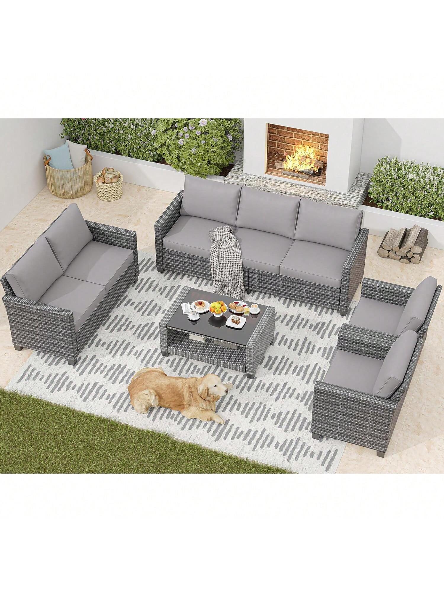 Qeetex Outdoor Patio Furniture Sofa Sets.7 Piece Rattan Furniture Sectional Couch Set with Glass Coffee Table for Backyard Garden