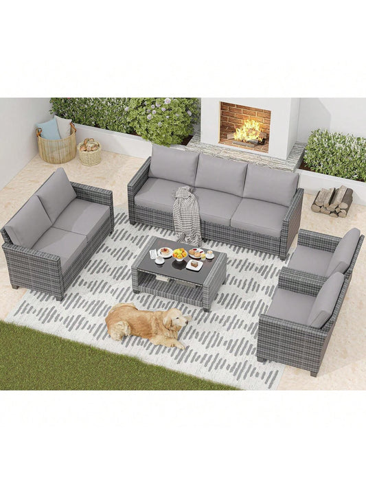 Qeetex Outdoor Patio Furniture Sofa Sets.7 Piece Rattan Furniture Sectional Couch Set with Glass Coffee Table for Backyard Garden