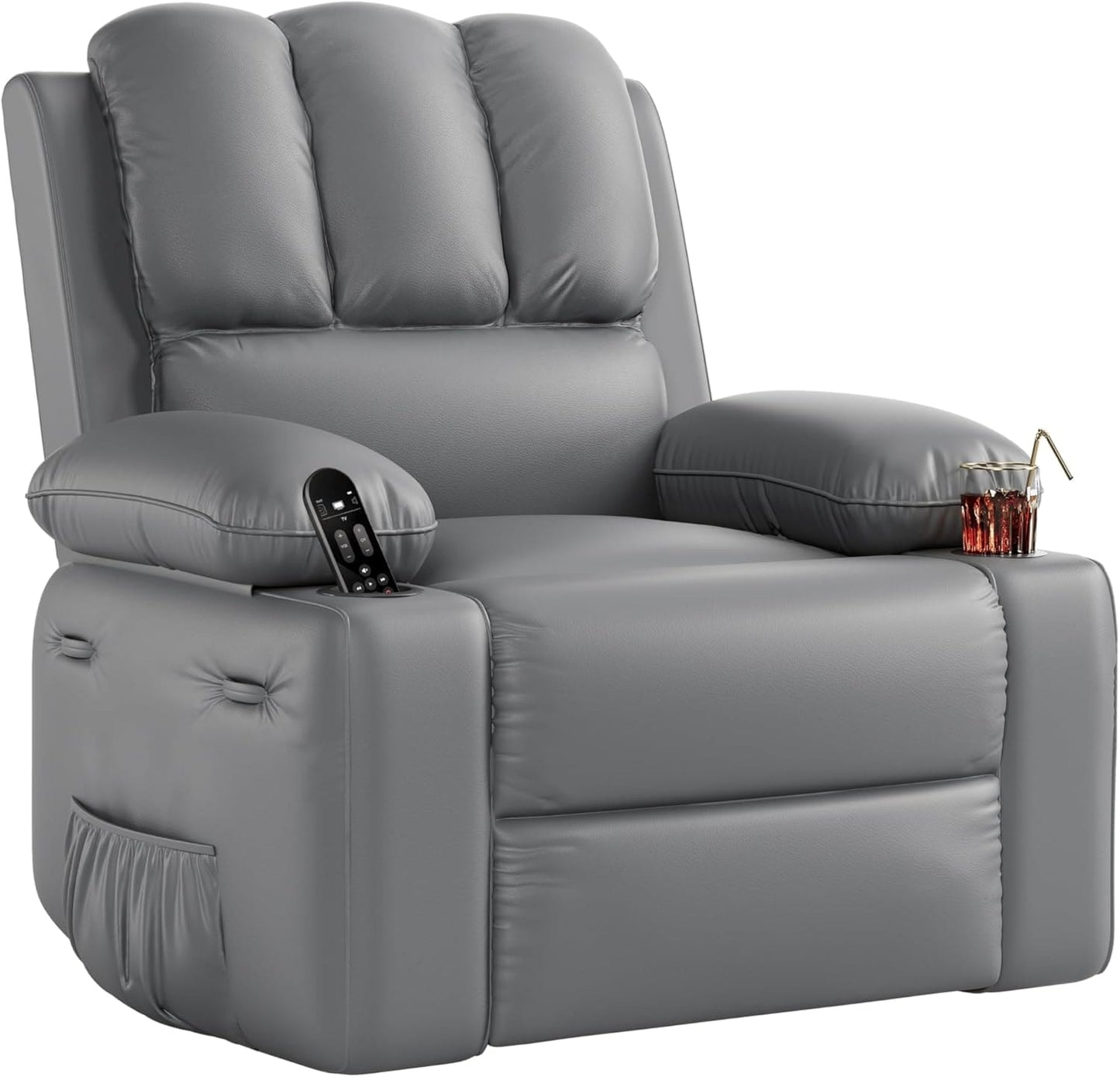WhizMax 22 Inch Manual Recliner Chair - PU Leather Sofa with Cup Holders - Ergonomic Design for Living Room Bedroom - Grey