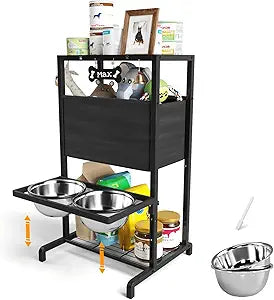 Elevated Dog Bowls, Height Adjustable Raised Dog Bowl Stand (3.5'' to 11''), Multifunctional Lifted Bowl Holder with Pet Food Organizer for Large Medium Small Dogs, Black