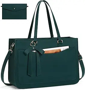 RAINSMORE Laptop Bag for Women 15.6 Inch Work Tote Bags Leather Laptop Tote Waterproof Computer Bag Professional Office Business Briefcase Large Handbag for College Teacher Travel, Green