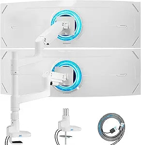 ARES WING Dual Monitor Arm for Ultrawide Heavy Duty Curved Monitor Stacking, Fits 17-49 Inch, Vertical Gas Spring Double Monitor Stand with USB, Adjustable Dual Monitor Mount for Desk, White