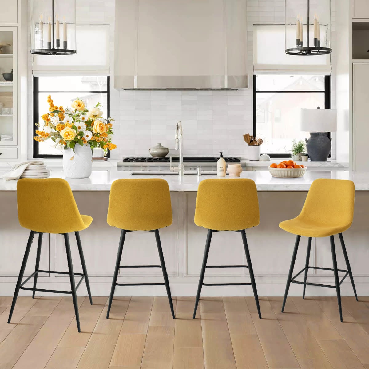 Maison Boucle Set of 4 Yellow Upholstered 26-in H Counter Height Stools with Black Metal Legs for Kitchen Island