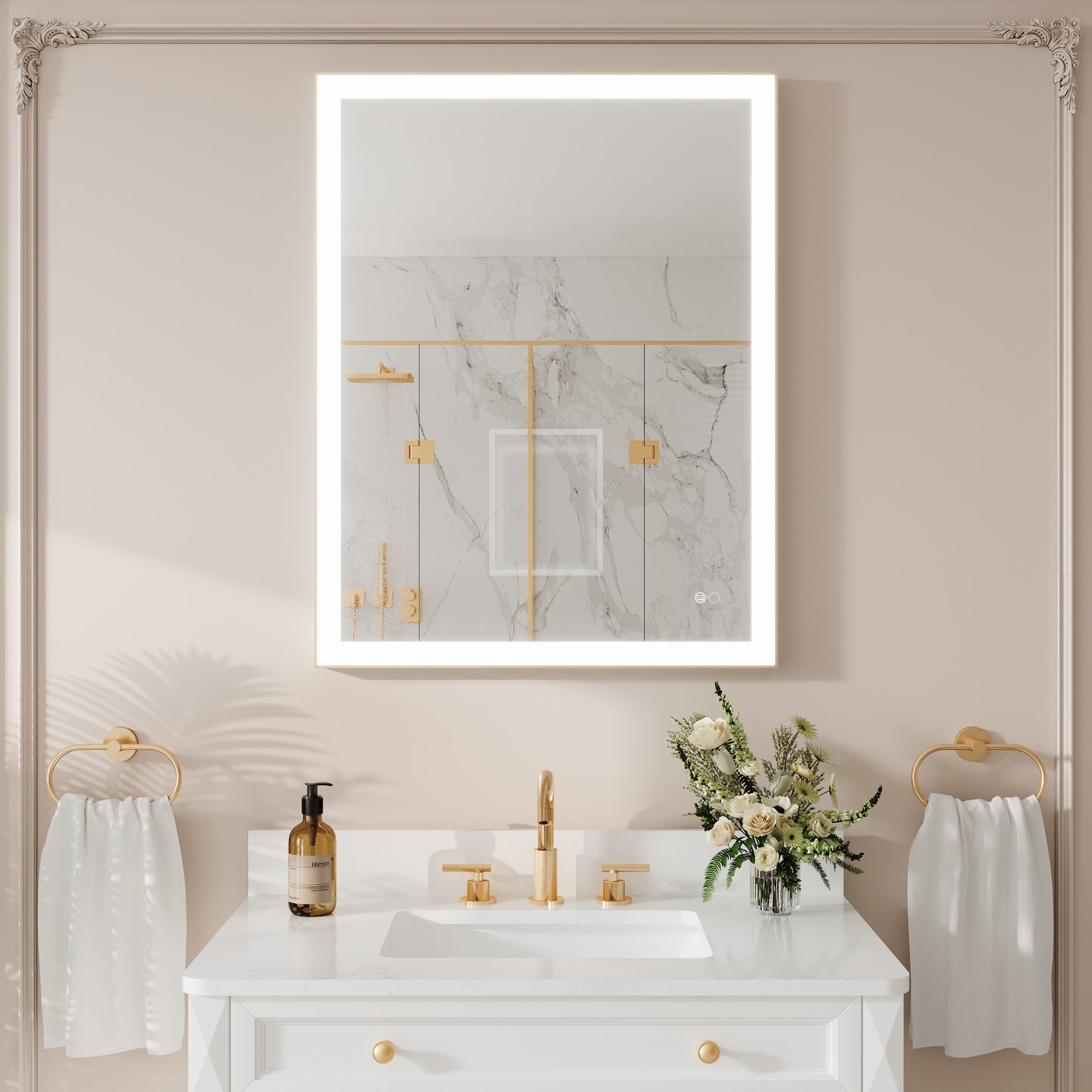 CALVON LED Mirror 28-in x 36-in Framed Rectangle Dimmable LED Lighted Fog Free Bathroom Vanity Mirror ( Gold )