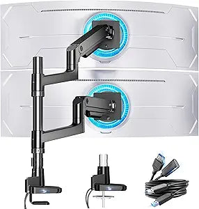 ARES WING Dual Monitor Arm for Ultrawide Heavy Duty Curved Monitor Stacking, Fits 17-49 Inch, Vertical Gas Spring Double Monitor Stand with USB, Adjustable Dual Monitor Mount for Desk, Black