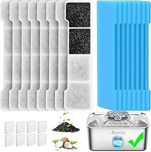 Kastty 15L Dog Water Fountain Filter Replacement, Pet Fountain Filters Replacement Made of Activated Carbon and PP Cotton, 8 Pack Dog Water Bowl Filters 8 Pack Pre-Filter Sponge with 8 Pump Sponge L05