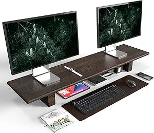 "WEGASTU Solid Wood Rustic Desk Monitor Stand with Storageï¼ŒLarge Dual Monitor Stand Riser for Laptop Computer/TV/PC/Printers, Perfect Desktop Stands Organizer with Underneath Storage for Office