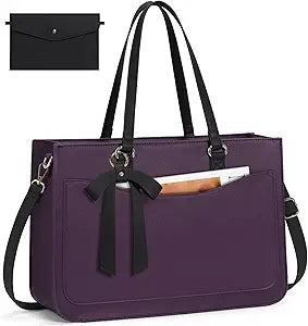 RAINSMORE Laptop Bag for Women 15.6 Inch Work Tote Bags Leather Laptop Tote Waterproof Computer Bag Professional Office Briefcase Large Handbag for College Teacher Travel,Purple and Black
