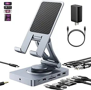 Versatile USB C Docking Station for iPad (USB-C), 11-in-1 with SD TF 4.0 Reader, 4K@60Hz HDMI, RJ45, Audio, USB A, USB c, Rotatable, Also for Tablet, Steam Deck, ROG Ally, Legion Go, with 65W Adapter