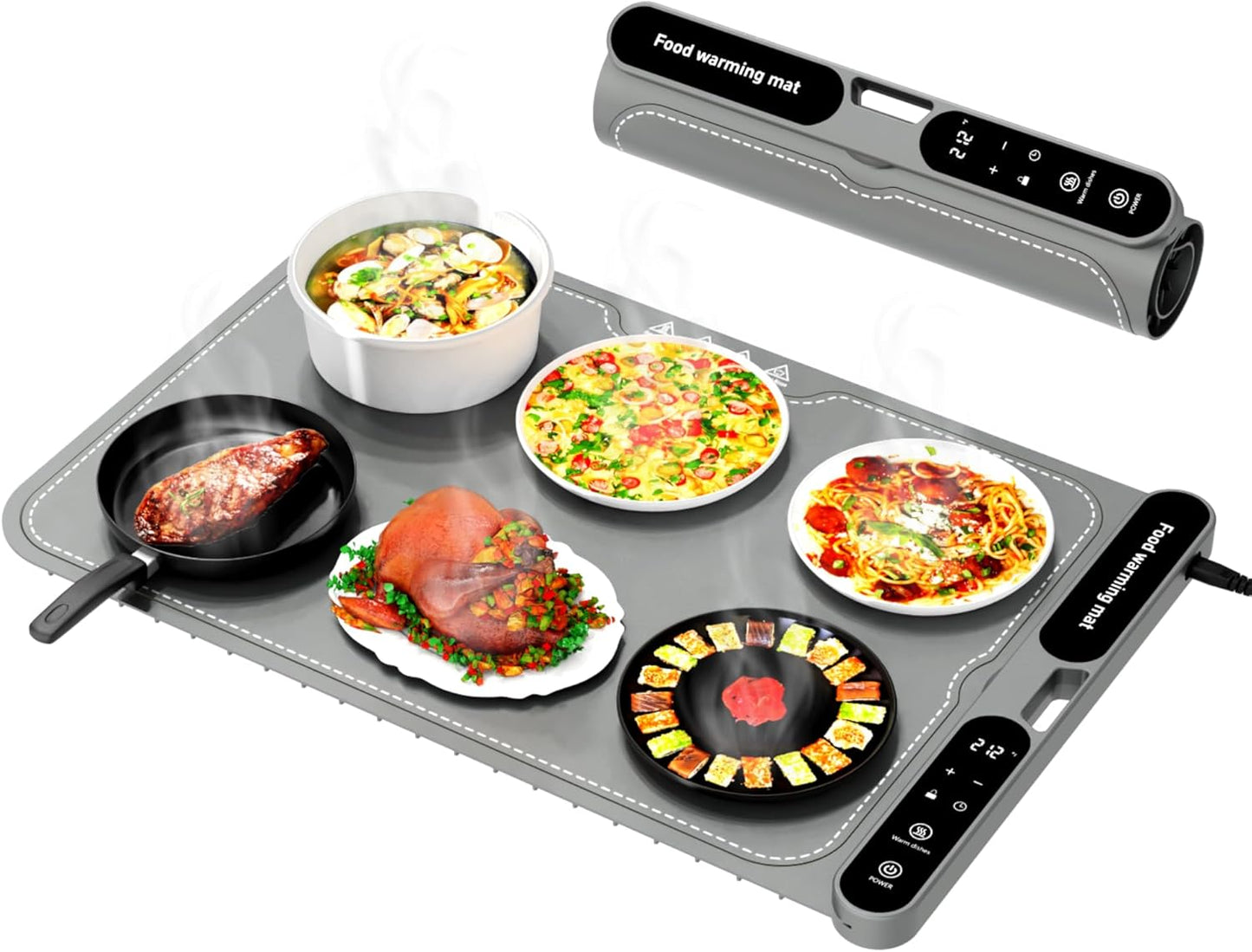 Electric Warming Tray&Food Warming MatFast Full Surface Electric Warming Tray with 7 Temp-Settings & 8H Timer, Portable Roll Up Food Warmer for Gatherings (Grey, 24''X15'')