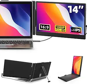 Laptop Screen Extender 14" - FHD 1080P IPS Laptop Monitor Extender Dual Screen, Portable Monitor for Laptops 13-17" with USB-C/HDMI Port, Built-in Speakers, Plug n Play for Mac, Win, Android