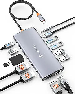 NOVOO USB C Docking Station Dual Monitor for Laptop, 14 in 1 Hub Adapter Thunderbolt 3 to Dual 4K60 HDMI+8K30 DP USB C/A Data 100W PD RJ45 SD/TF Audio