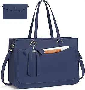 RAINSMORE Laptop Bag for Women 15.6 Inch Work Tote Bags Leather Laptop Tote Waterproof Computer Bag Professional Office Business Briefcase Large Handbag for College Teacher Travel, Blue