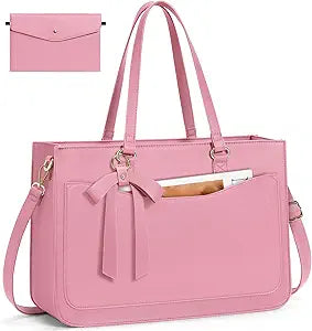RAINSMORE Laptop Bag for Women 15.6 Inch Work Tote Bags Leather Laptop Tote Waterproof Computer Bag Professional Office Briefcase Large Handbag for College Teacher Travel, Pink