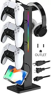 KAFRI RGB Gaming Headphone Stand with 8 Light Modes, Controller Holder for Desk - with Retractable Charger Cable - 2 Outlet Power & 4 Type-C Charging Port for PC Gamer Accessories(Black)