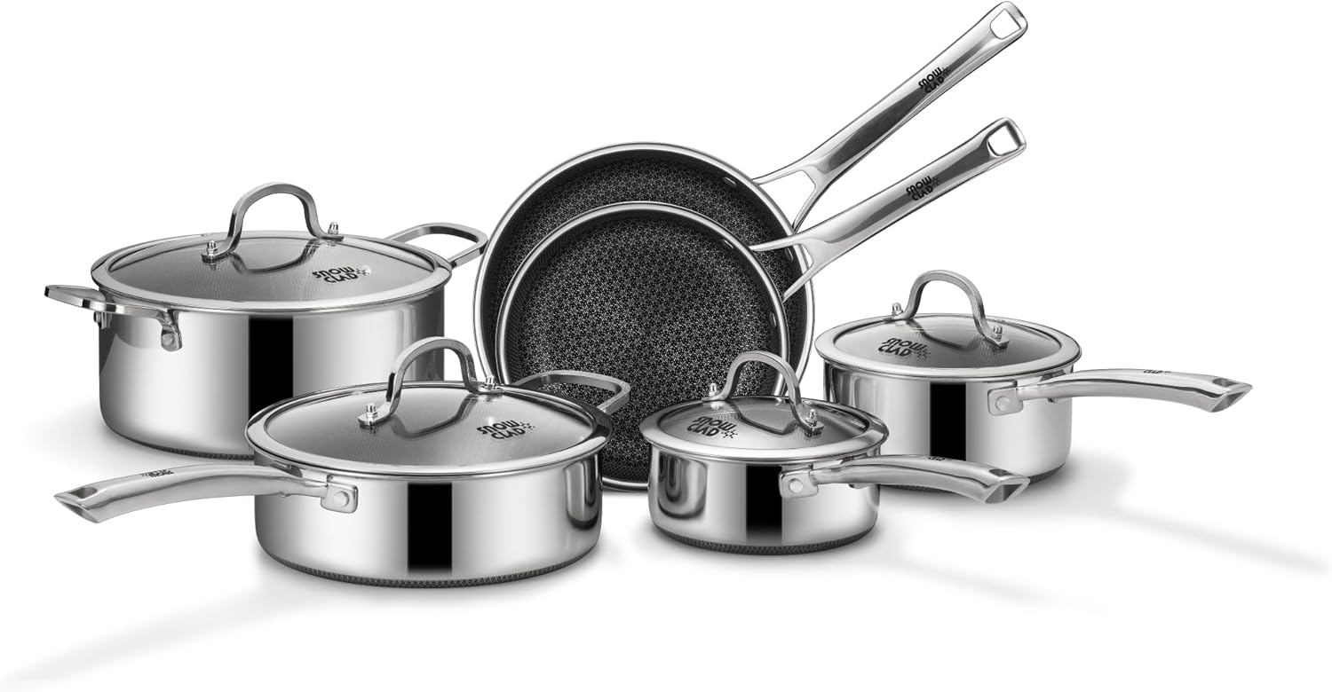 SNOWCLAD Pots and Pans Set Non Stick, 10 Pcs Hybrid Stainless Steel Cookware Sets, Non Stick Frying Pans, Saucepans, Saute Pan & Stock Pot, PFOA Free Kitchen Skillet,Induction Compatible