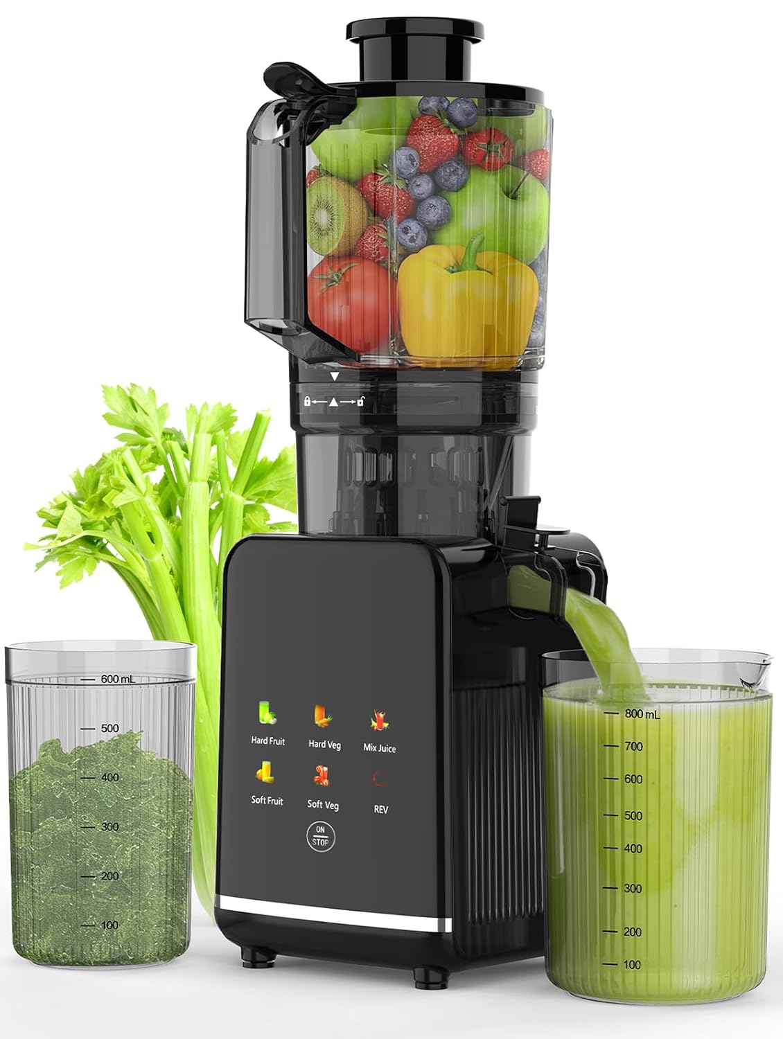 Cold Press Juicer, 4.35" Large Feed Chute Electric Juicer Machine High Juice Yield Slow Masticating Juicer for Whole Vegetables & Fruits, Easy Assemble & Cleaning