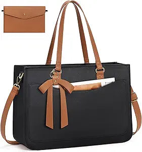 RAINSMORE Laptop Bag for Women 15.6 Inch Work Tote Bags Leather Laptop Tote Waterproof Computer Bag Professional Office Briefcase Large Handbag for College Teacher Travel,Black and Brown