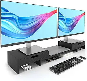 Dual Monitor Riser with Two Drawers for Desk, Bamboo Monitor Stand Riser with Storage, Desk Shelf for Computer, IMac & Laptop, No Assembly Required, Black