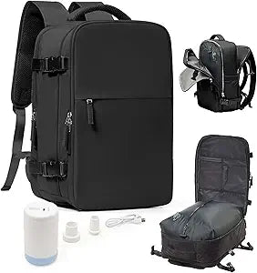 WONHOX Vacuum Seal Travel Backpack with Air Pump Compression Vacpack Waterproof Carry On Backpack for Travel Women men with Vacuum System Laptop Airlines Approved Daypack Space Saver Bags Black