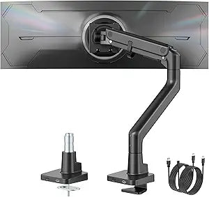 monTEK Single Monitor Arm with USB A/C, Ultrawide Monitor Stand for 17 to 57 Inch Curved Screen, Holds 59.4 lbs, Adjustable Gas Spring Arm, 75/100 VESA Mount, Clamp & Grommet Desk Mount, Black