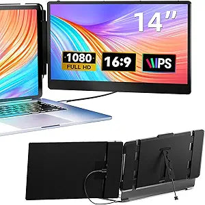 Laptop Screen Extender, 14" FHD 1080P IPS Dual Laptop Monitor Extender, Plug n Play Portable Travel Monitor for Laptops 13.3"-17" with HDMI/USB-A/Type-C, Compatible with Windows Mac Chrome Android