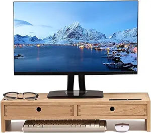 KIRIGEN Wood Monitor Stand with 2 Drawers - Computer Arm Riser Desk Storage Organizer,Speaker TV Laptop Printer Stand with Pen Slot and Cable Management,2-Tier Desktop Shelf NA-2PMJ