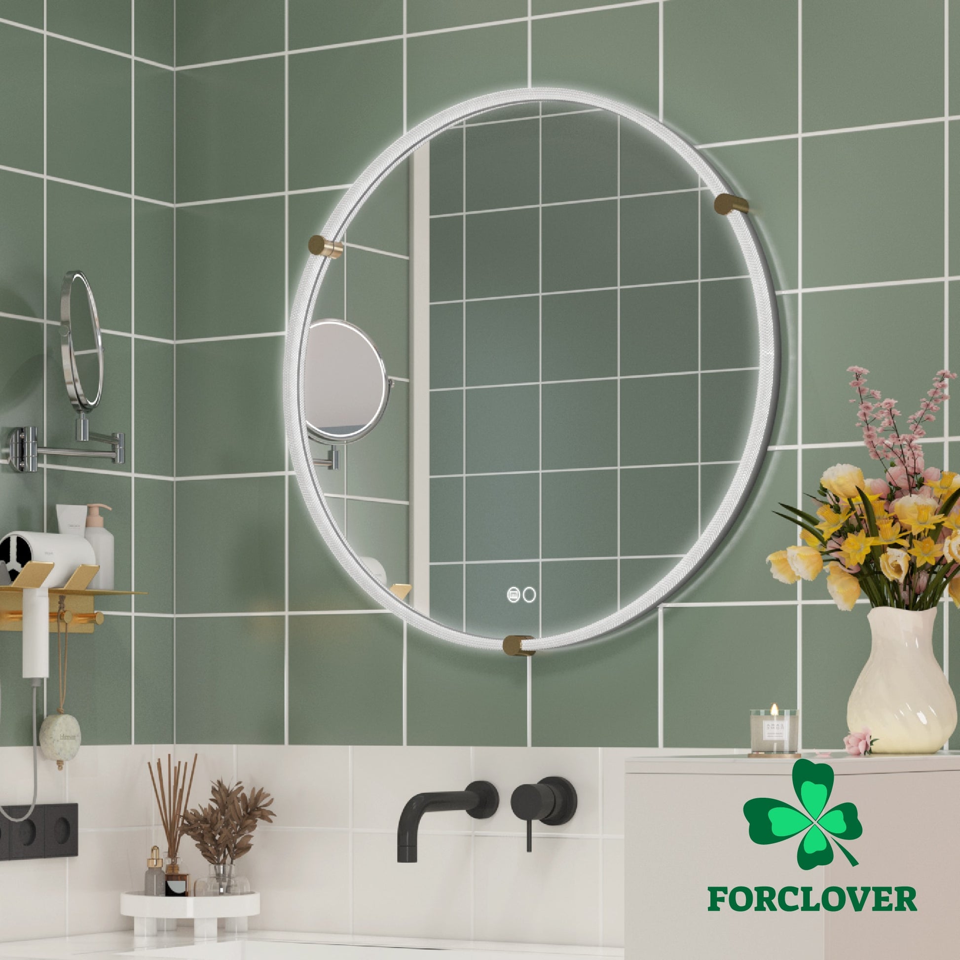 Forclover 32-in x 32-in Framed Round Dimmable LED Lighted Fog Free Bathroom Vanity Mirror ( Black )