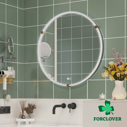 Forclover 32-in x 32-in Framed Round Dimmable LED Lighted Fog Free Bathroom Vanity Mirror ( Black )