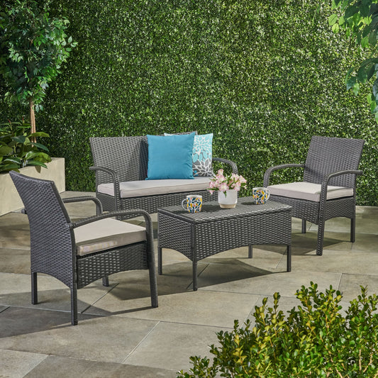 Christopher Knight Home Cordoba Outdoor Wicker 4 piece Conversation Set with Cushions-Grey + Silver