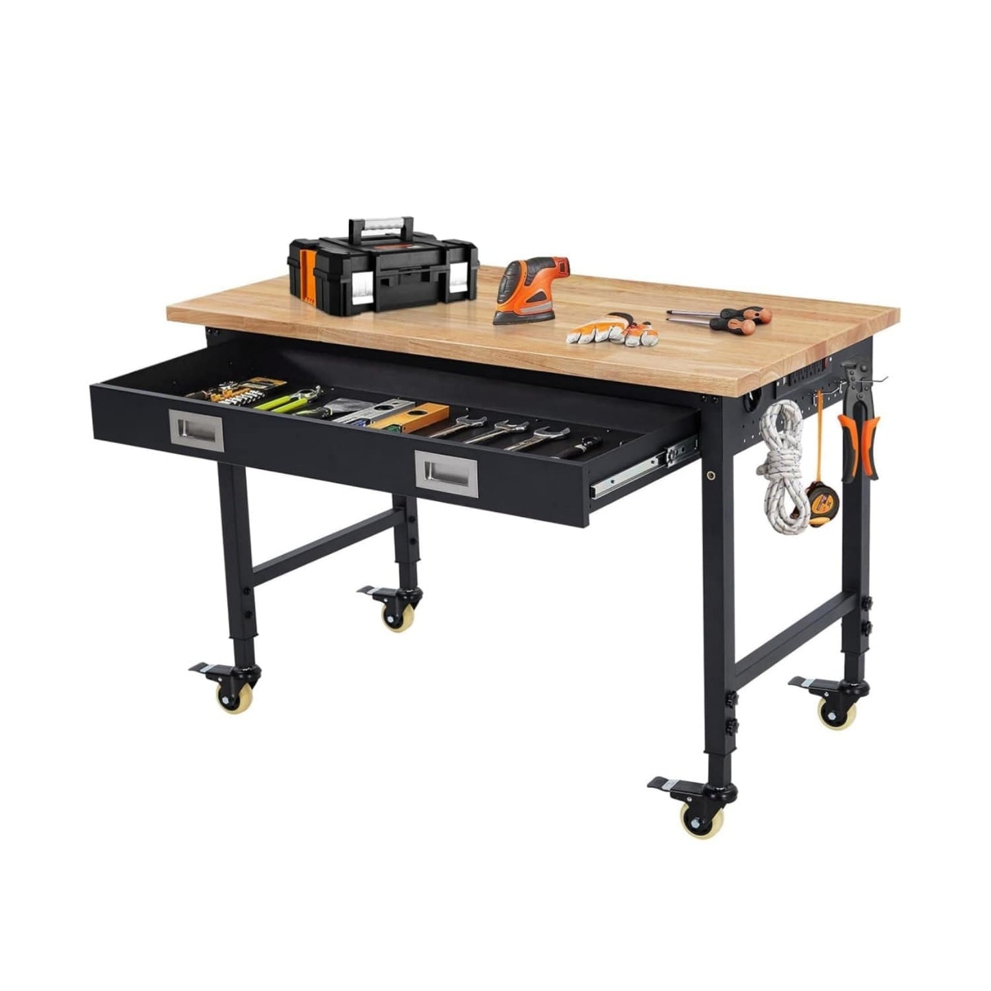 Qeetex 48x24 Inch Heavy Duty Adjustable Workbench with Rubberwood Top - 2000LB Capacity Mobile Garage Workstation with Drawers