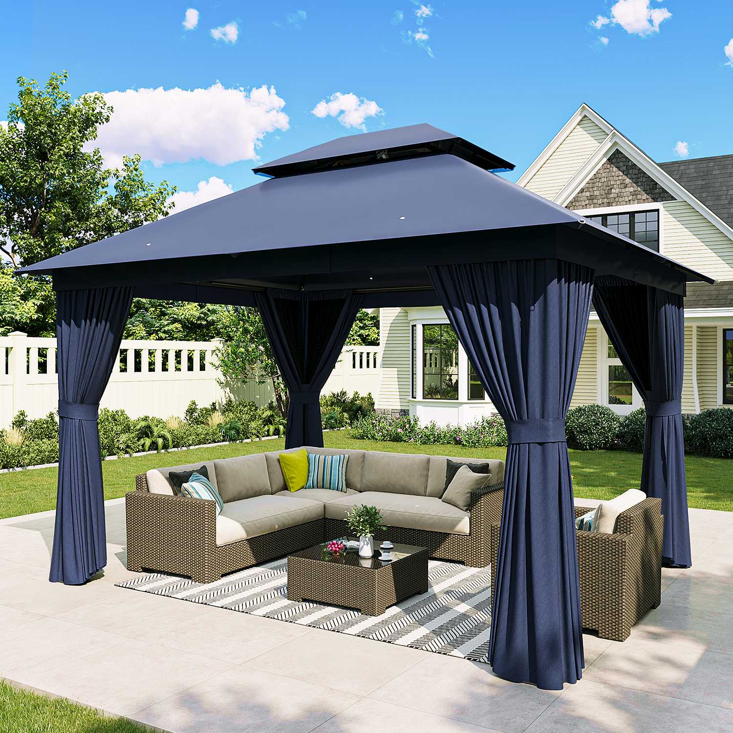 Sunmthink  12x10FT Softtop Gazebo Metal Frame Double Roof Canopy Heavy Duty Party Tent and Shelter with Mosquito Netting and Privacy Curtains Designed for Backyard Lawn Garden Patio