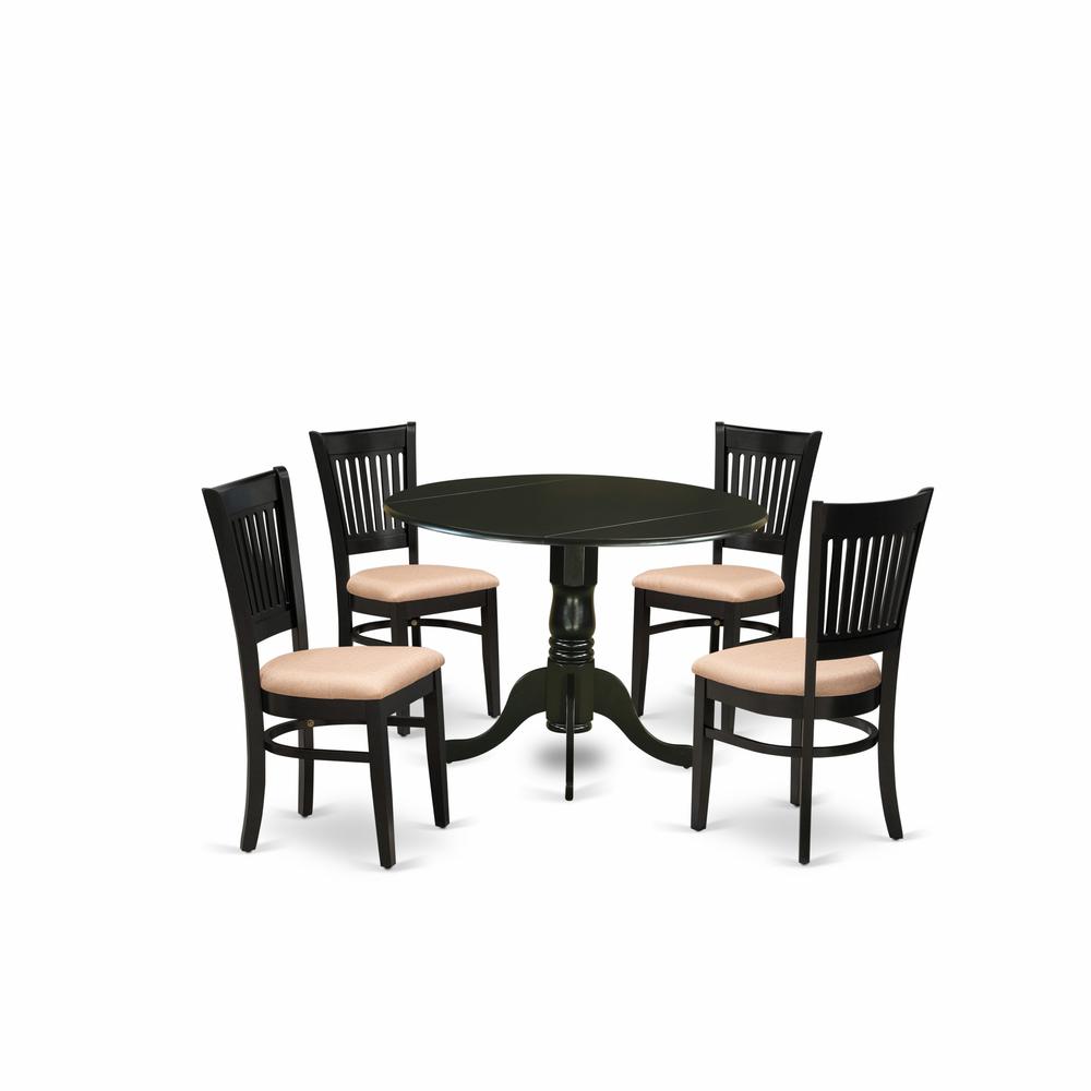 East West Furniture 5 Pc Dining Room Table Set  4 Wooden Chairs with Linen Fabric Seat and Slatted Chair Back Drop Leaves Kitchen Dining Table Black Finish