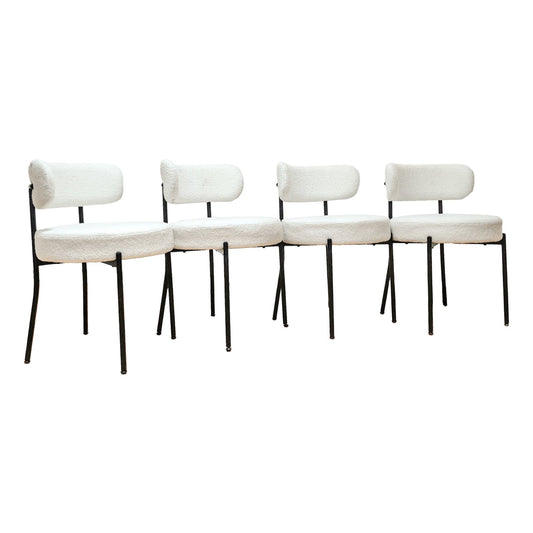 Vynxaria  Set of 4 White Mid Century Dining Chairs  Boucle Upholstered with Curved Backrest  Round Thickened Cushion  Black Metal Legs