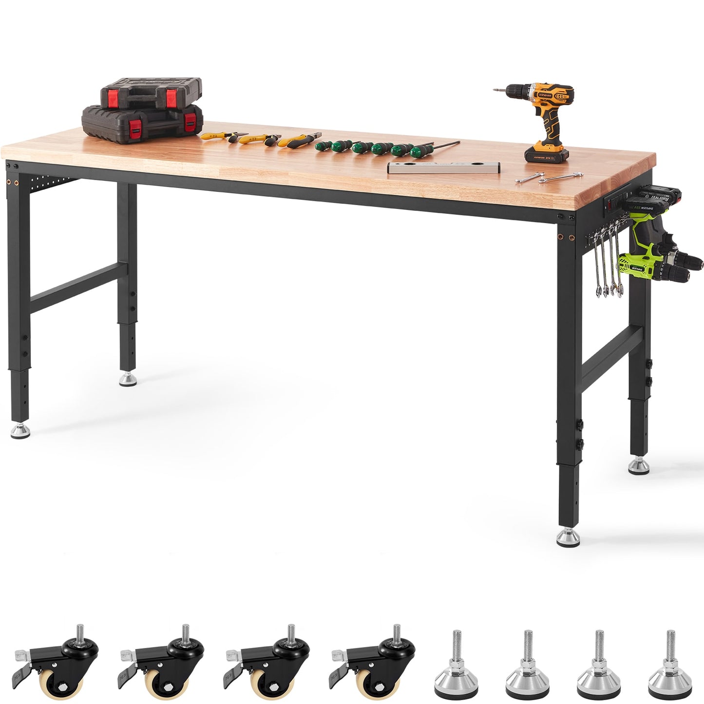 VEVOR Adjustable Workbench  72in L X 25in W Garage Worktable with Universal Wheels  28-39.5in Heights and 3000 LBS Load Capacity  with Power Outlets and Hardwood Top and Storage and Foot Pads  for Office Home