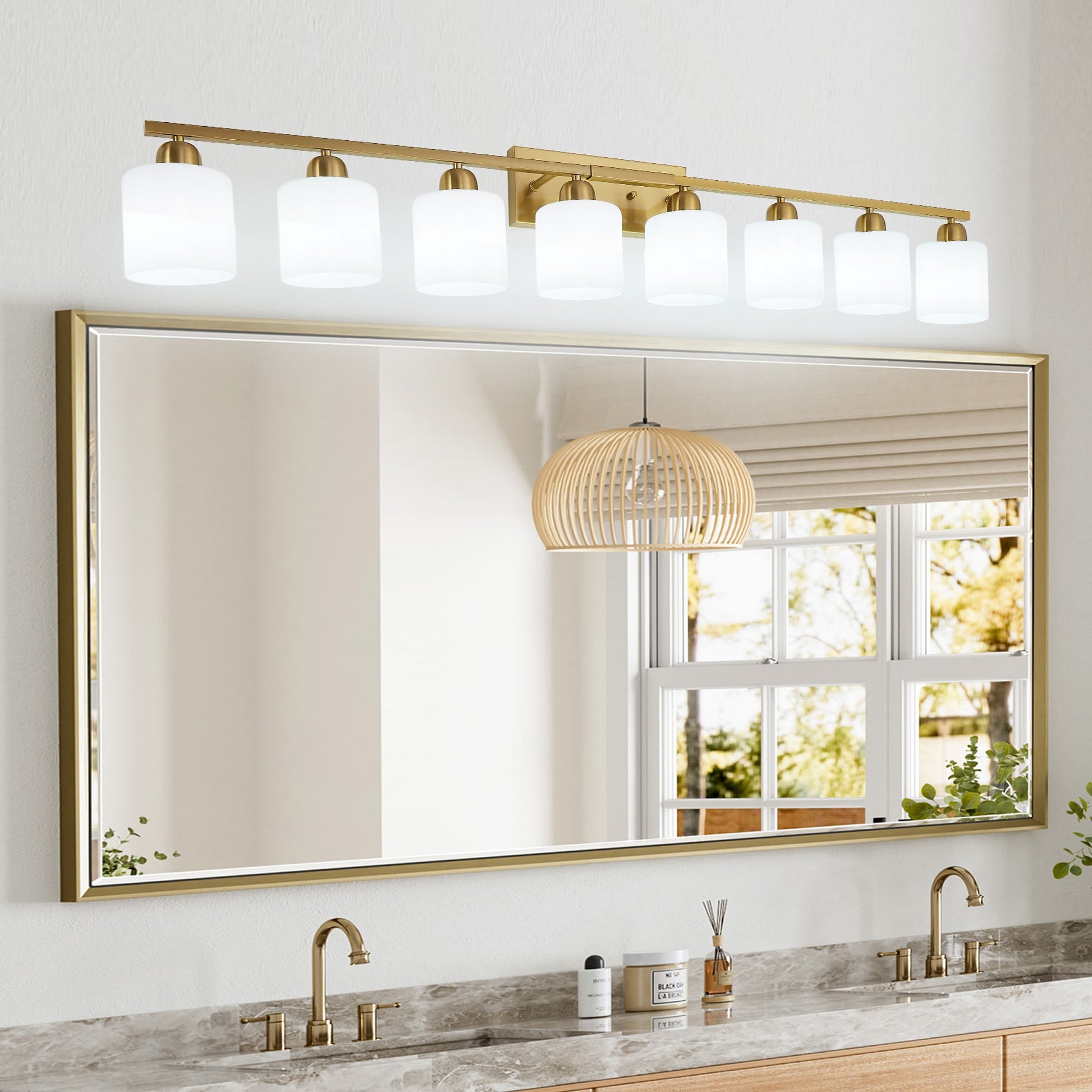 WELLFOR White Glass Shades Modern 52-in 8 Light Gold Modern/contemporary Bathroom Vanity light