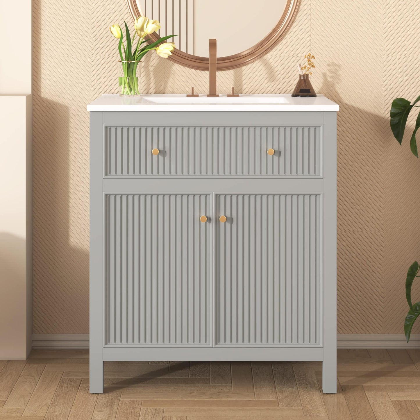 Vynxaria  30 inch Freestanding Single Bathroom Vanity with Ceramic Sink Soft Closing Doors Modern Style Grey