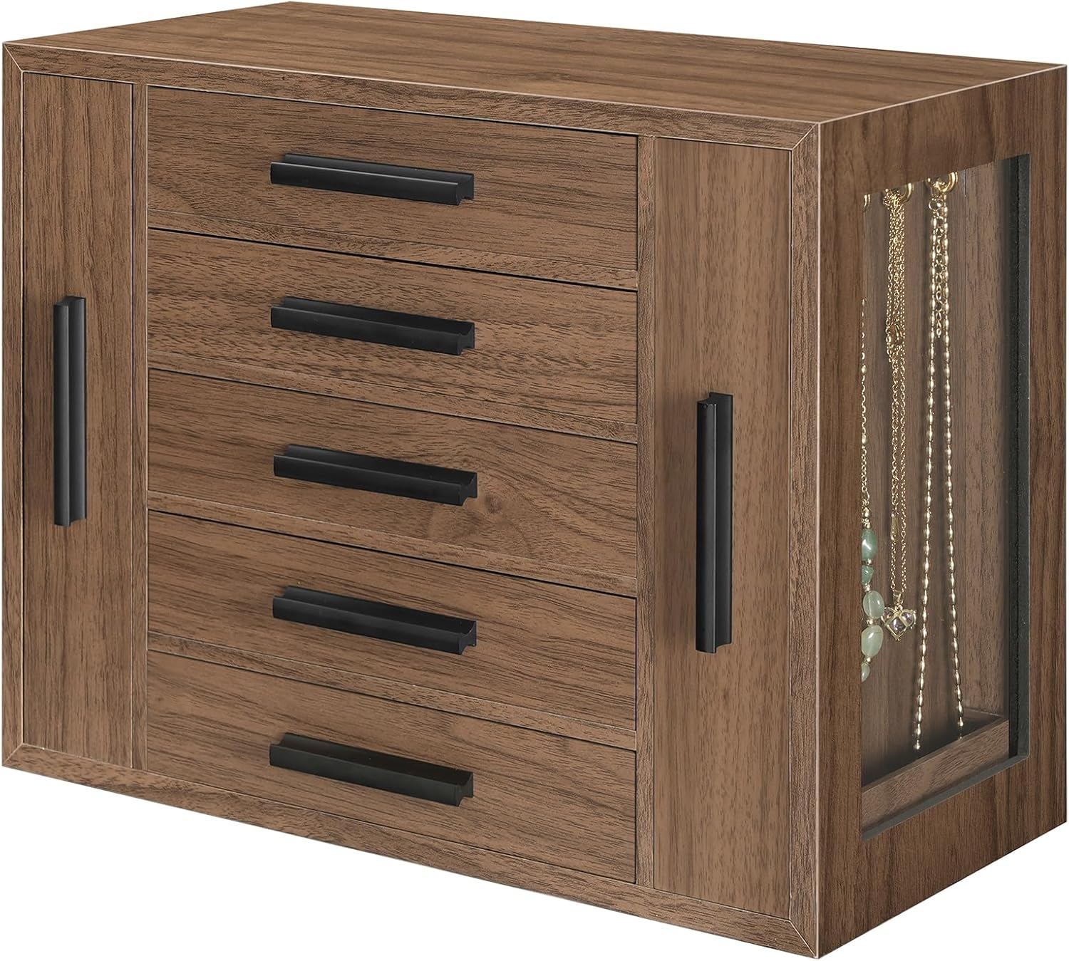 Hoobro  5 Tier Jewelry Box Wooden Jewelry Organizer with Transparent Windows Jewelry Storage Box with 2 Vertical Drawers for Earring Necklace Bracelet Ring Watch Walnut and Black