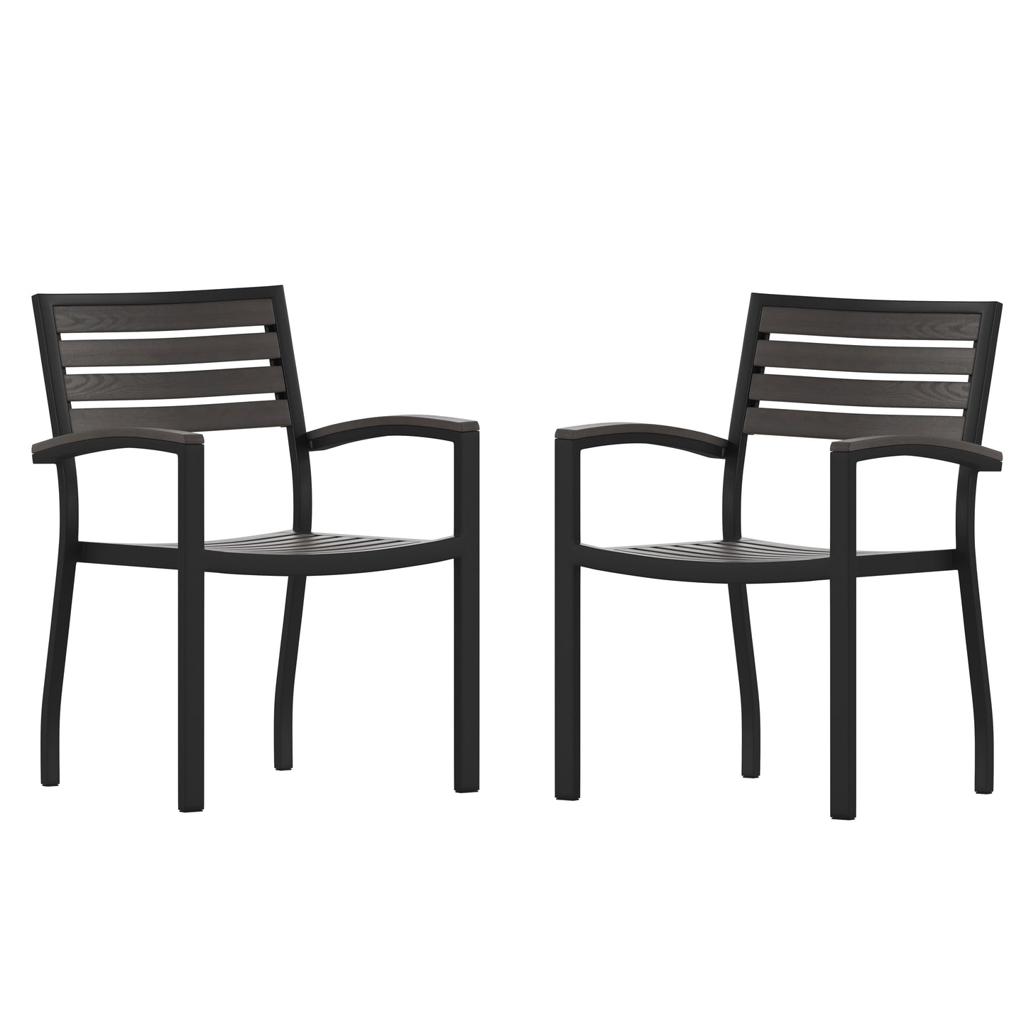 Flash Furniture Lark Set of 2 Outdoor Stackable Faux Teak Side Chairs - Commercial Grade Black Aluminum Patio Chairs with Synthetic Gray Wash Faux Teak Slats