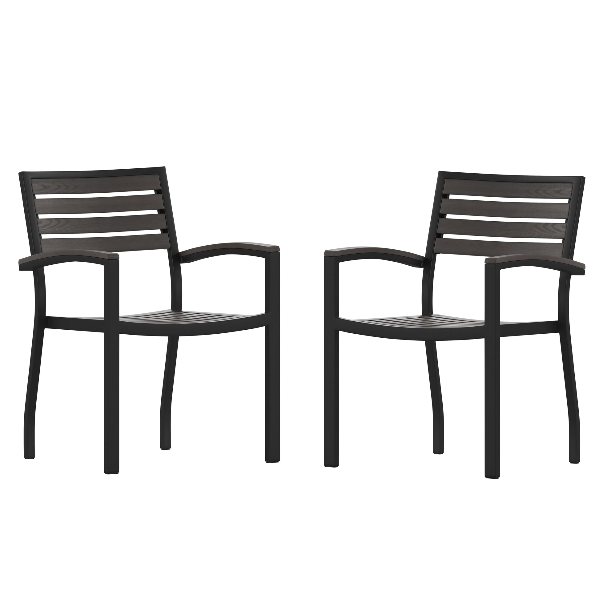 Flash Furniture Lark Set of 2 Outdoor Stackable Faux Teak Side Chairs - Commercial Grade Black Aluminum Patio Chairs with Synthetic Gray Wash Faux Teak Slats