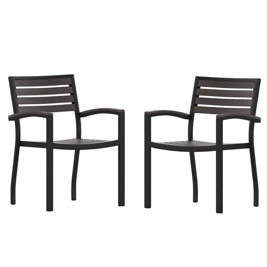 Flash Furniture Lark Set of 2 Outdoor Stackable Faux Teak Side Chairs - Commercial Grade Black Aluminum Patio Chairs with Synthetic Gray Wash Faux Teak Slats