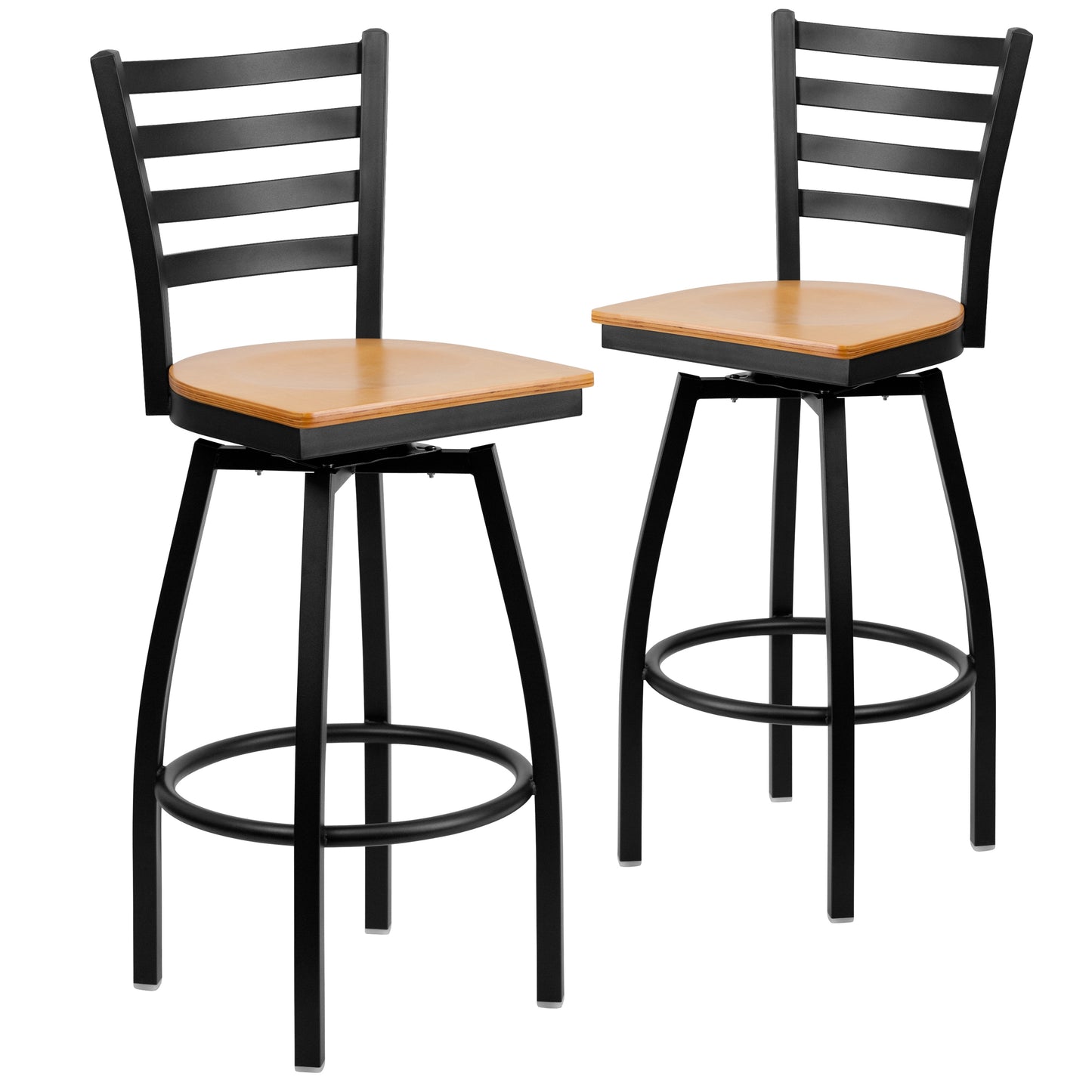Flash Furniture 2 Pack HERCULES Series Black Ladder Back Swivel Metal Barstool - Natural Wood Seat