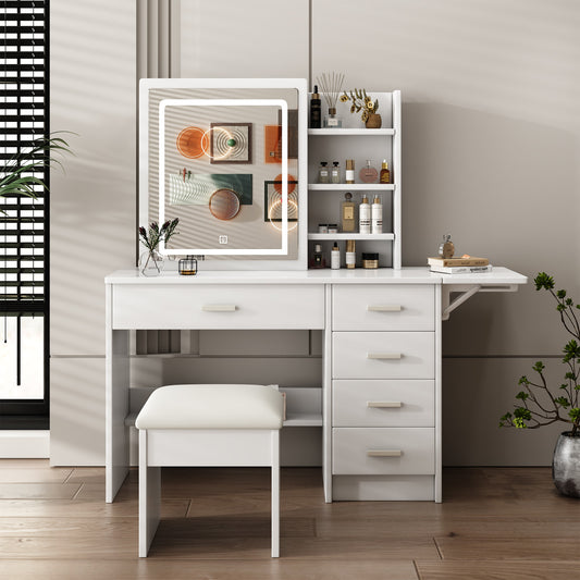 LOVMOR Fashion Vanity Desk with Mirror and Lights for Makeup with open shelves and Chair Vanity Mirror with Lights and Table Set with 3 Color Lighting Brightness Adjustable 5 Drawers White Color