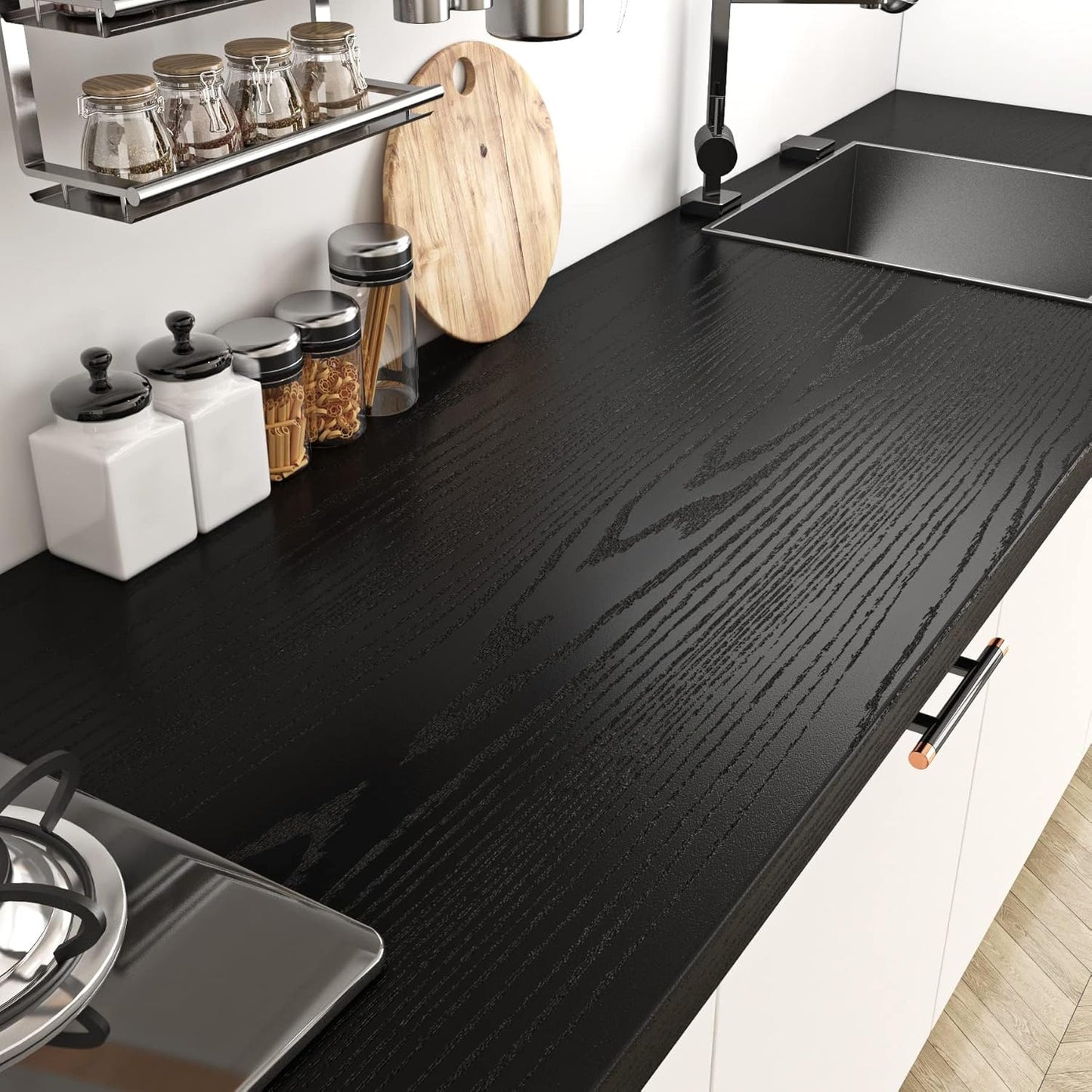 Livelynine  Black Wood Contact Paper Kitchen Cabinet Vinyl Wrap Waterproof Contact Paper Wood Black Wall Paper Roll Adhesive Kitchen Countertop Wallpaper Peel and Stick Cabinet Covering